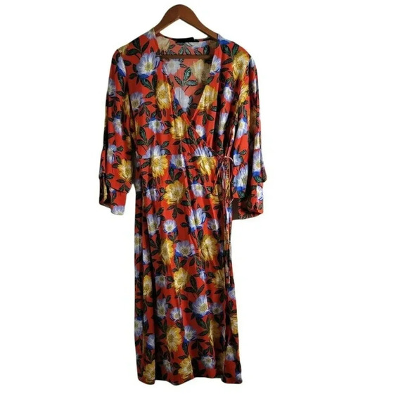 The Fifth Label orange Floral print long Wrap Dress Size M bell sleeves women's - Picture 1 of 11